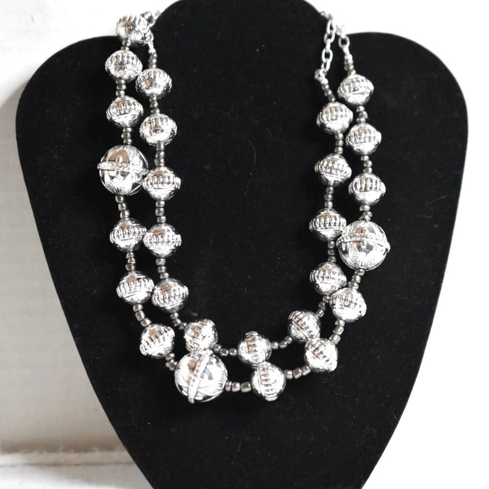 Premier Designs Paradise Glittering Silver Tone Beads Double Strand 16" Necklace